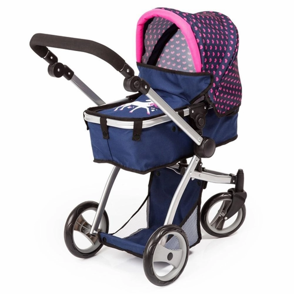 Bayer Milano Doll Pram 6-in-1 Mega Set - Dark Blue with Pink Hearts Chrome Plated Character Toy