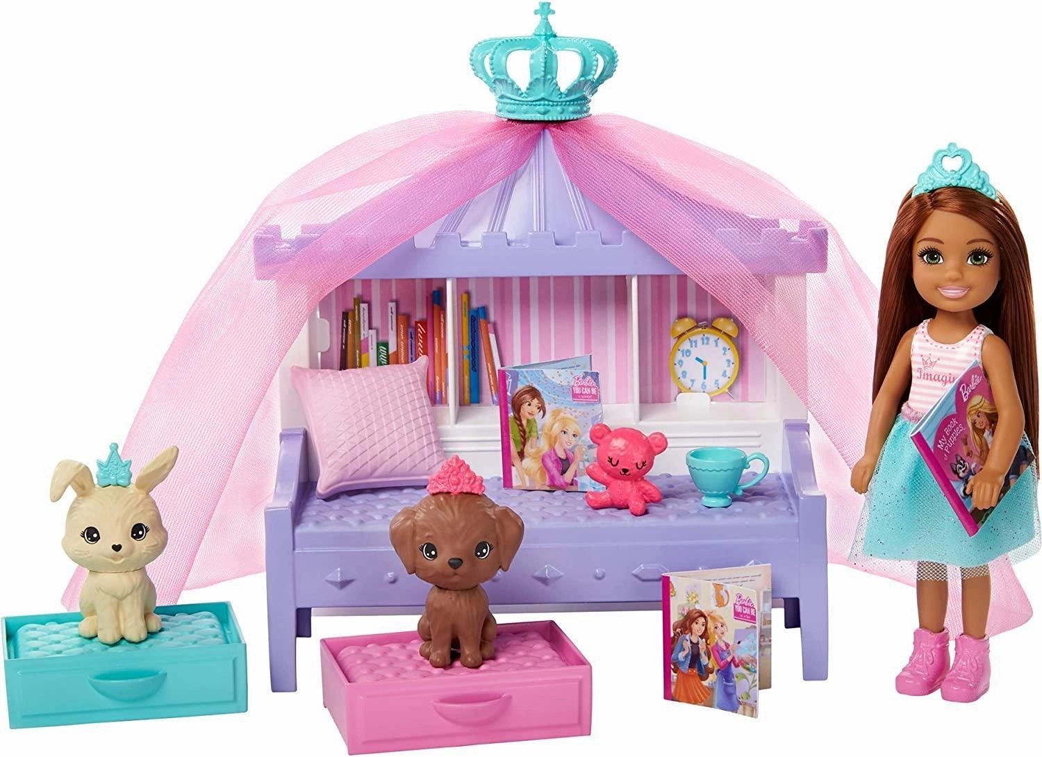 Barbie GML74 Princess Adventure Chelsea Princess Doll and Storytime Playset College Decor Tropical theme