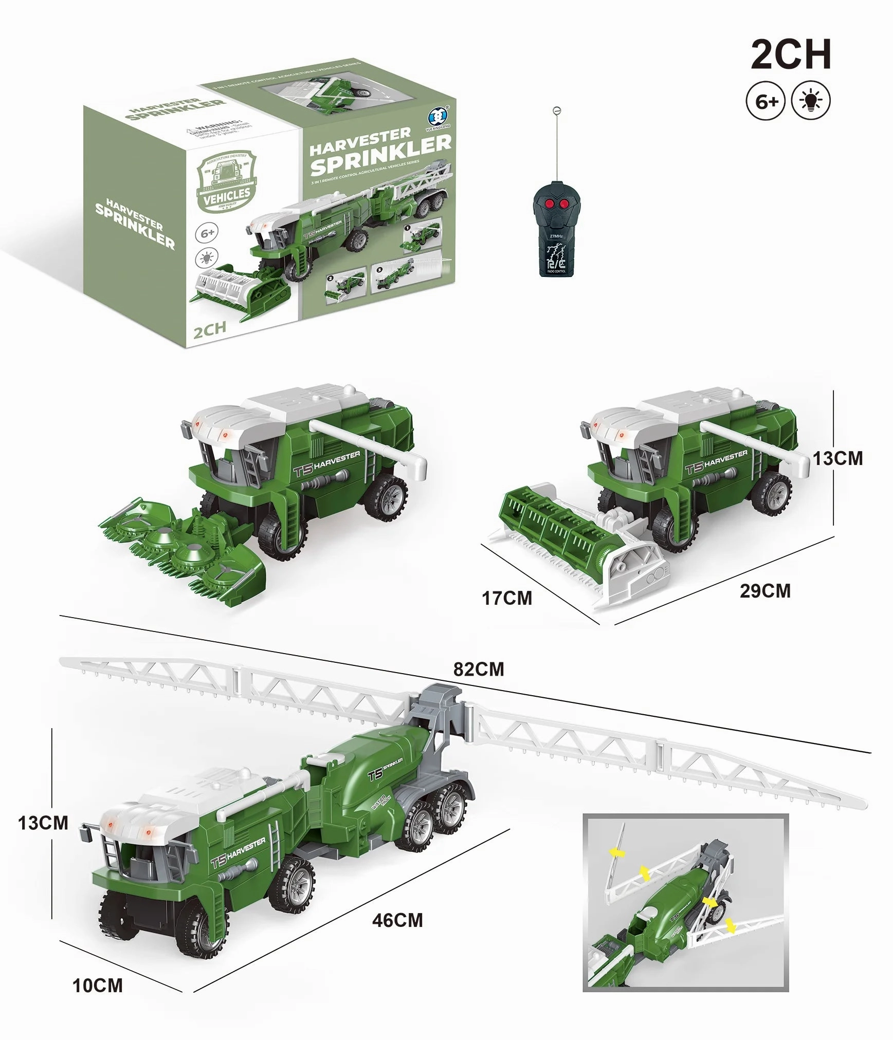 Virtual Collectible Age Appropriate Remote Controlled RC 2-Channel Harvester with Trailer Sprinkler