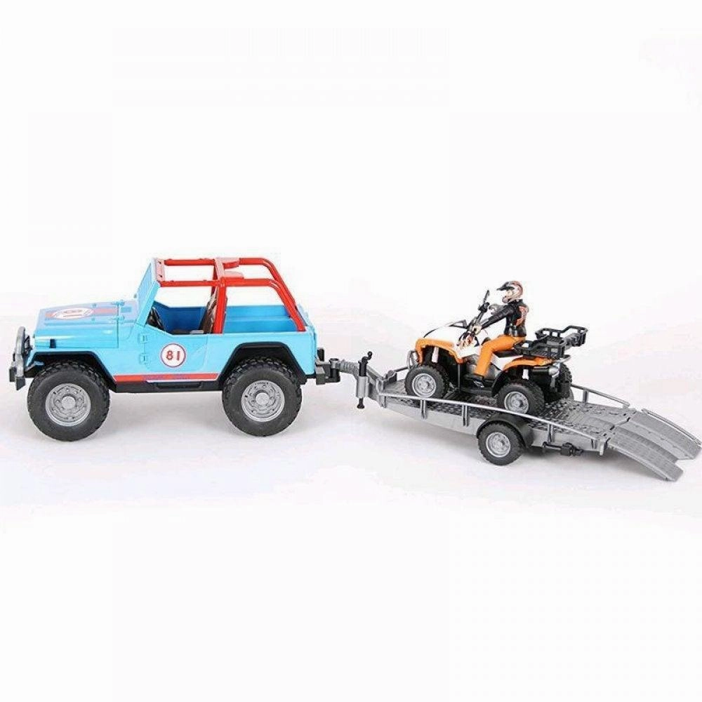 Biodegradable material Science Model Bruder Blue Jeep Racing Car with Trailer, Quad Bike and Driver