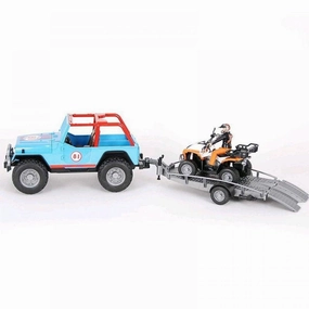 Historical Leader Bruder Blue Jeep Racing Car with Trailer, Quad Bike and Driver