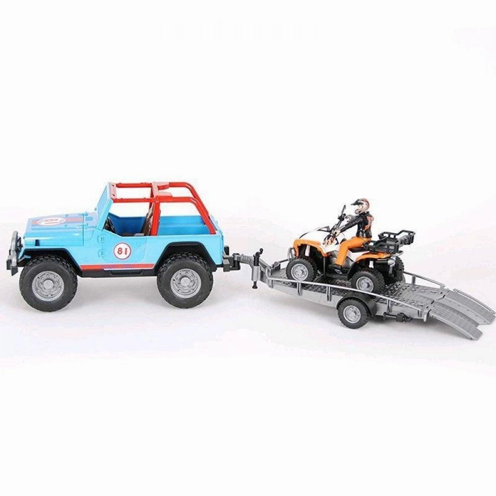 Historical Leader Bruder Blue Jeep Racing Car with Trailer, Quad Bike and Driver