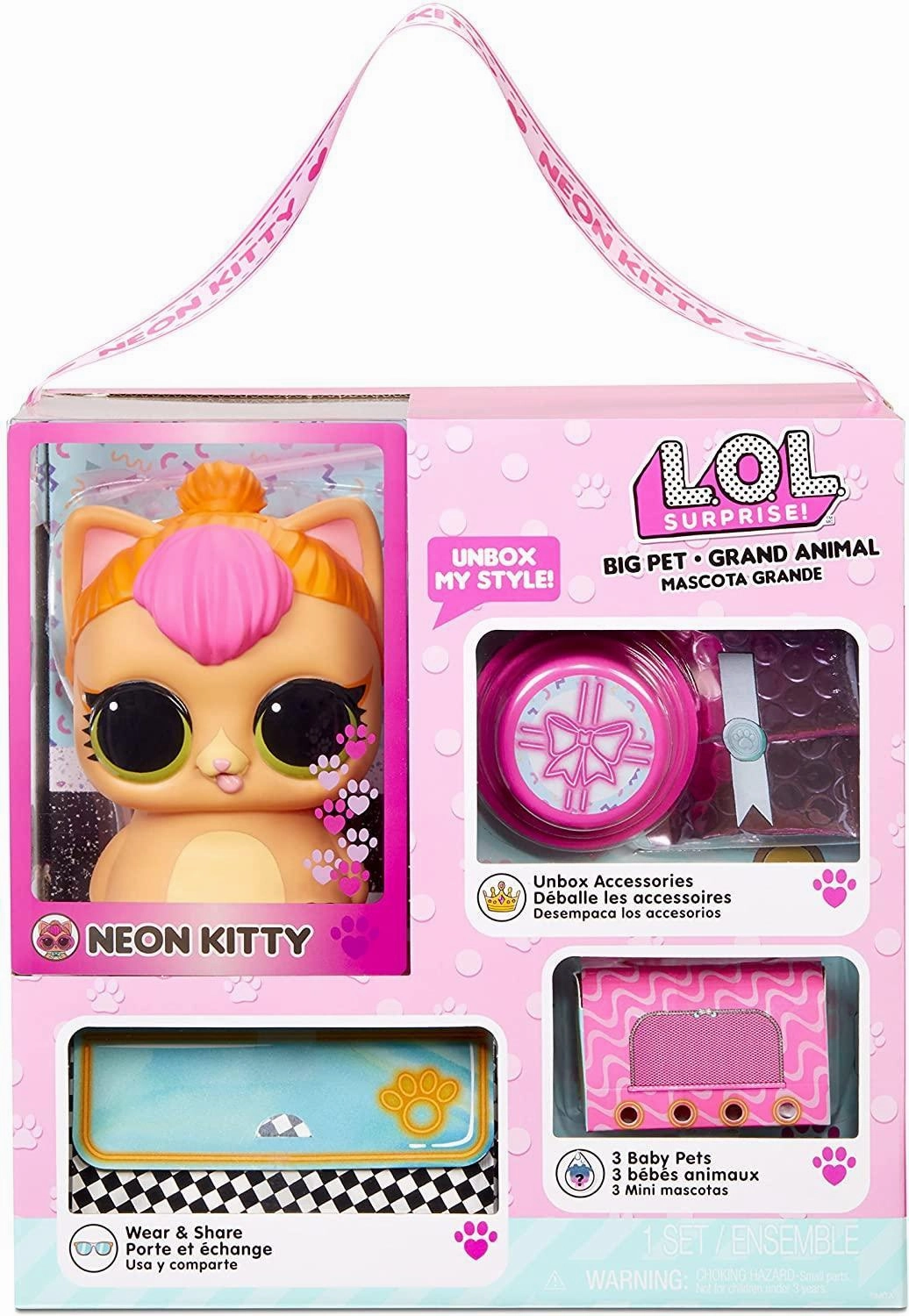 L.O.L. Surprise! Big Pet Neon Kitty with 15 Surprises Personal Treasure Metallic Finish