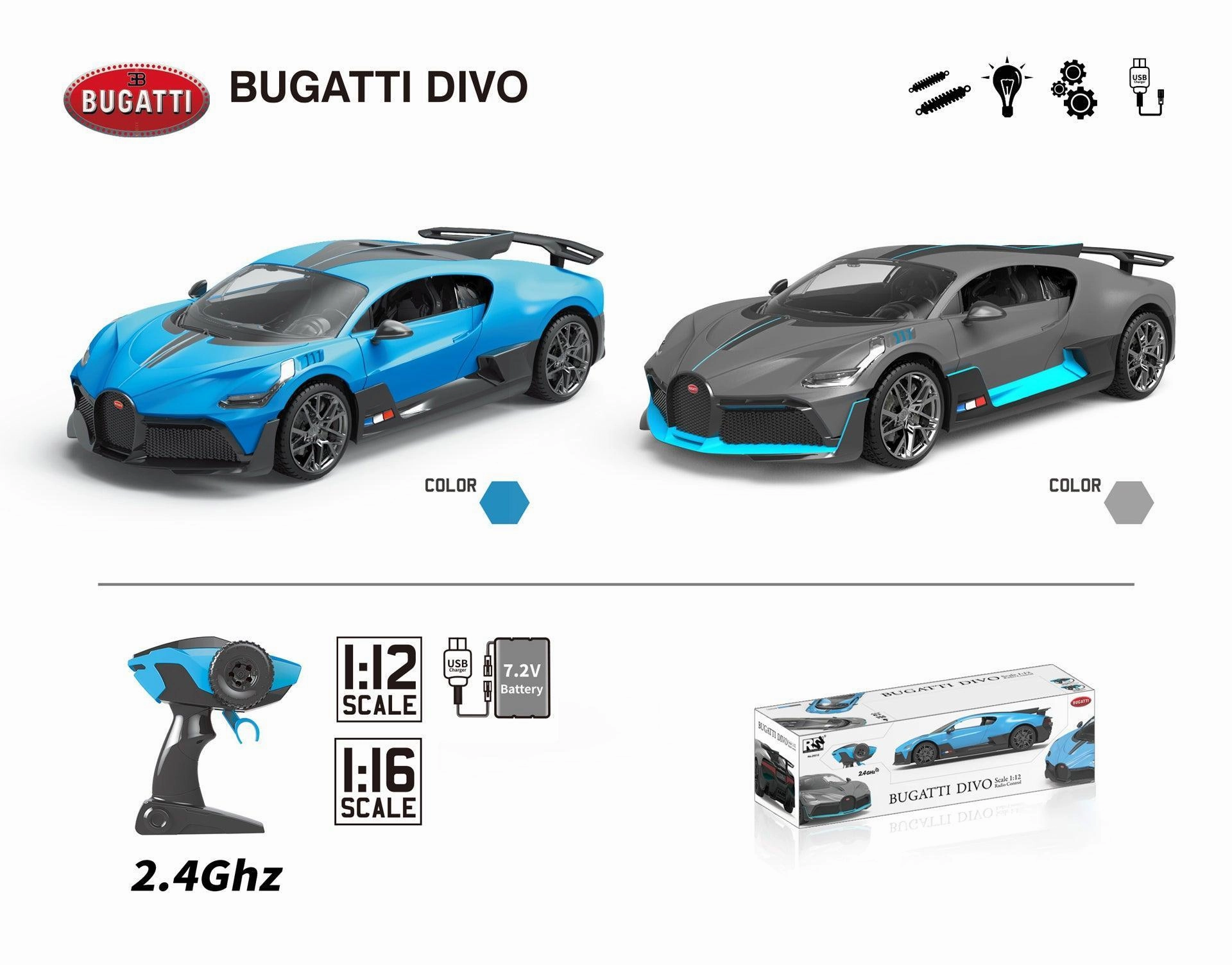 Premium Statue Cartoonish Design BUGATTI Divo Remote Control Car with Lights 1:16 Scale - Assortment