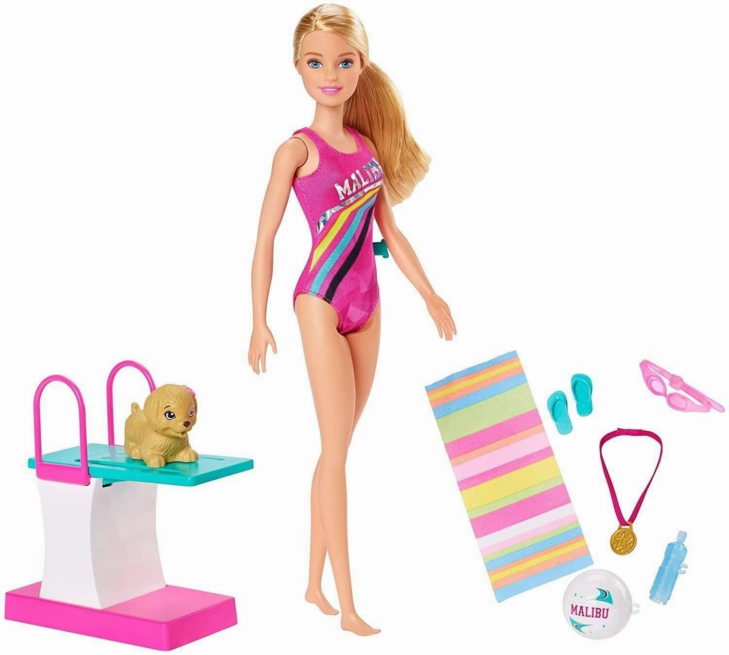 Barbie Dreamhouse Adventures Swim 'n Dive Doll, 11.5-inch in Swimwear, with Diving Board and Puppy multicultural