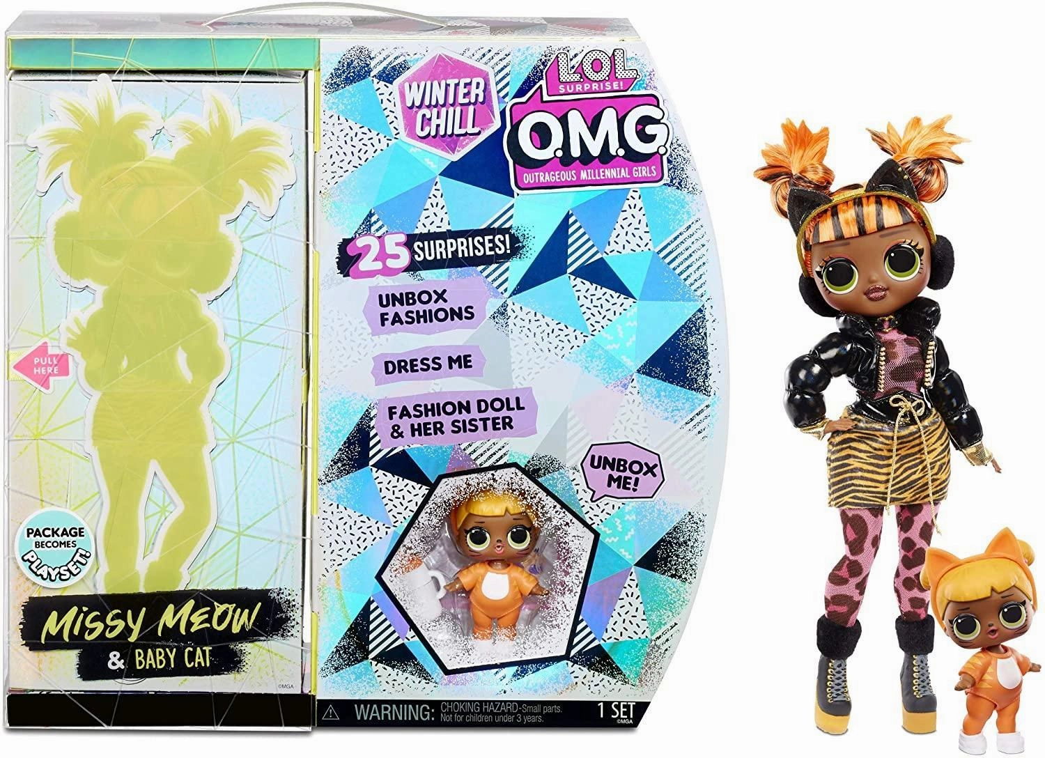 LOL Surprise OMG Winter Chill Missy Meow Fashion Doll and Baby Cat Doll with 25 Surprises Robot Toy Media Attention