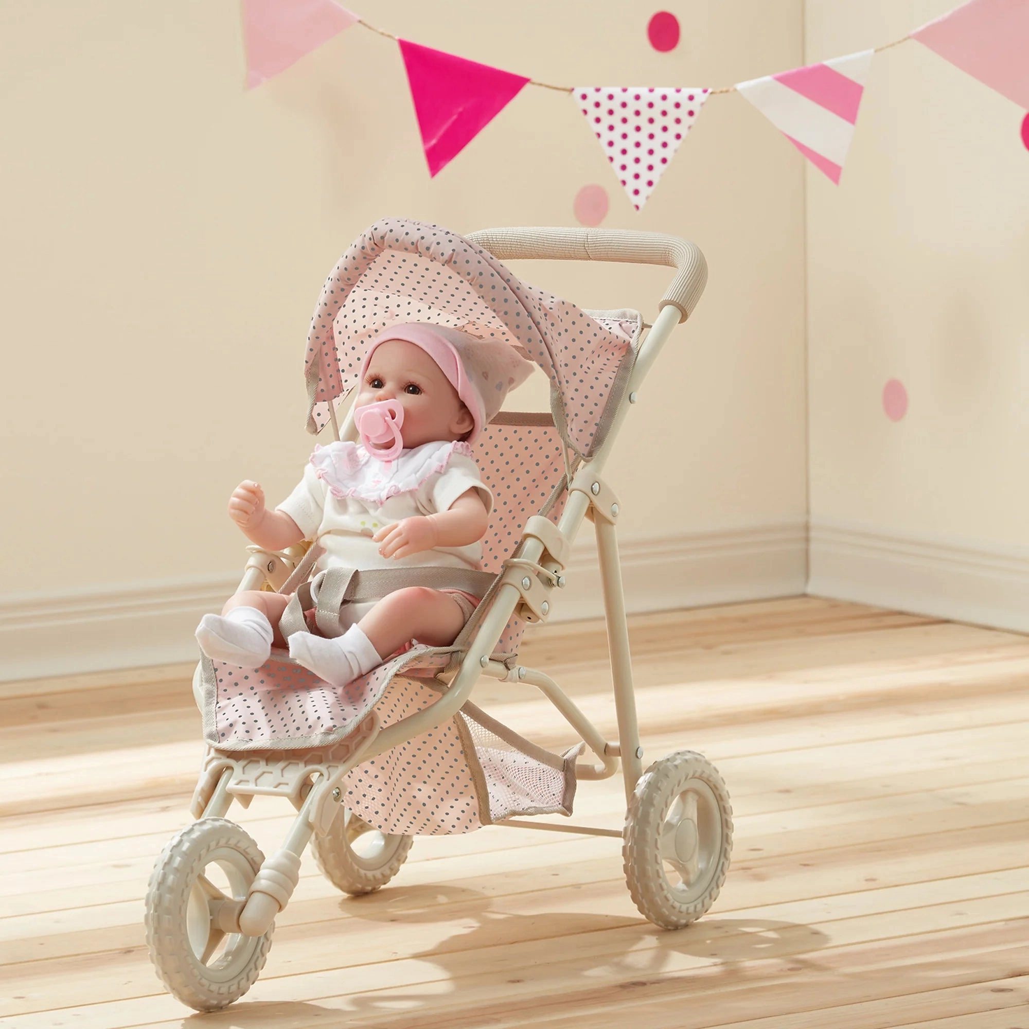 Teamson Olivia's Little World Doll Jogging-Style Pram with Canopy - Pink/Cream/Grey Maximalist Art