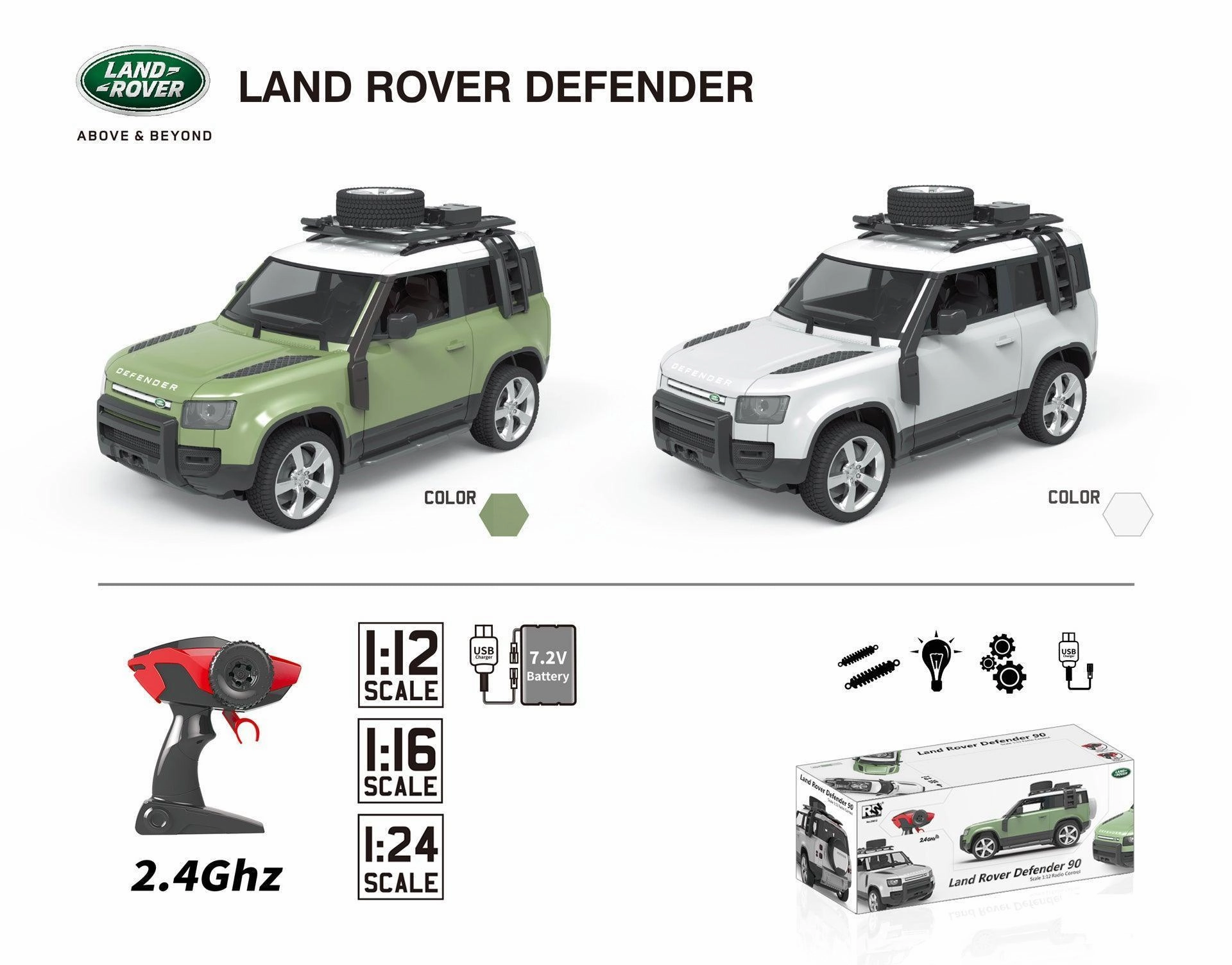 RANGE ROVER Defender RC Car with front Lights 1:24 Scale - Green Collector's Album